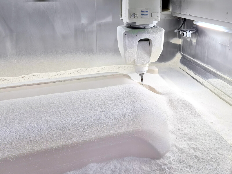 Auf dem Bild ist eine Maschine zu sehen, die mit einem weißen Pulver arbeitet, wahrscheinlich im Rahmen eines Fertigungsprozesses.