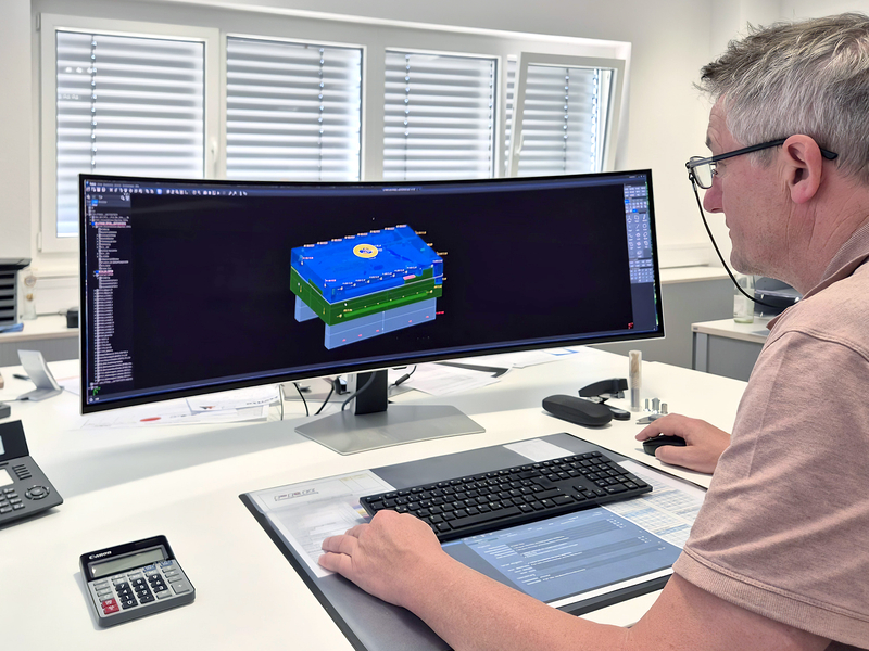 Auf dem Bild ist ein Mann zu sehen, der an einem Computer mit einem großen Bildschirm arbeitet, auf dem ein 3D-Modell angezeigt wird.