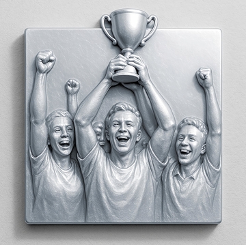 Auf dem Bild sind drei jubelnde Personen zu sehen, die einen Pokal in die Höhe halten.
