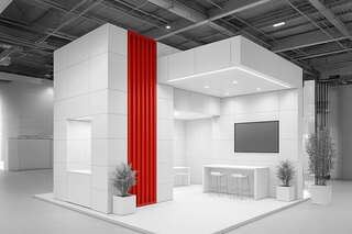 Das Bild zeigt einen modernen Messestand mit weißen Wänden, einem roten Akzent und minimalistischer Einrichtung.