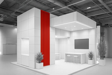 Das Bild zeigt einen modernen Messestand mit weißen Wänden, einem roten Akzent und minimalistischer Einrichtung.
