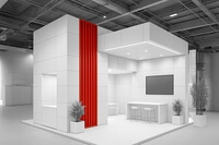Das Bild zeigt einen modernen Messestand mit weißen Wänden, einem roten Akzent und minimalistischer Einrichtung.