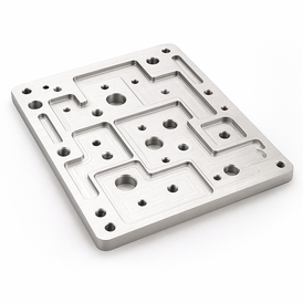 Auf dem Bild ist eine metallene Plattenstruktur mit mehreren Konturen und Bohrungen zu sehen, die wahrscheinlich für technische oder mechanische Anwendungen entworfen wurde.