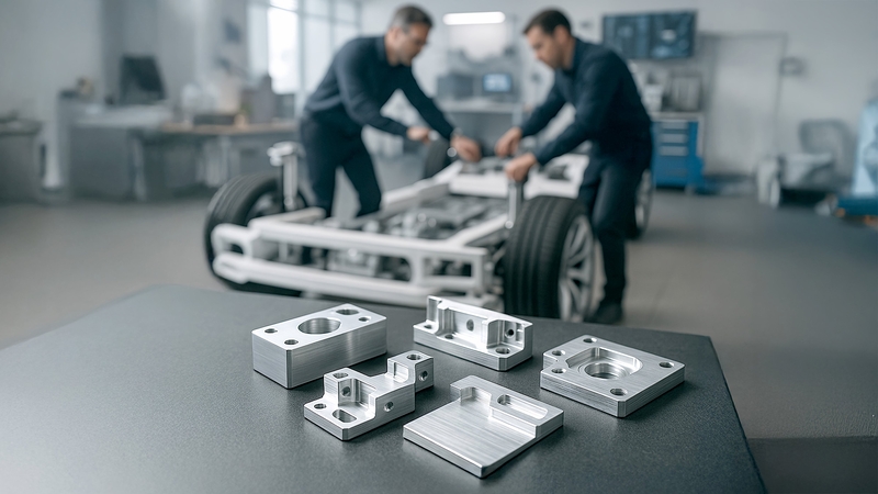 Das Bild zeigt zwei Personen, die an einem Fahrzeugchassis arbeiten, während im Vordergrund mehrere bearbeitete Metallteile liegen.