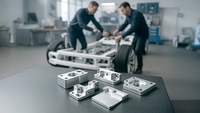 Das Bild zeigt zwei Personen, die an einem Fahrzeugchassis arbeiten, während im Vordergrund mehrere bearbeitete Metallteile liegen.
