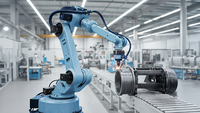Auf dem Bild ist ein Industrieroboter zu sehen, der gerade einen Schweißvorgang an einem Metallteil durchführt.