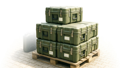 Auf dem Bild sind mehrere grüne Koffer auf einer Holzpalette gestapelt zu sehen.