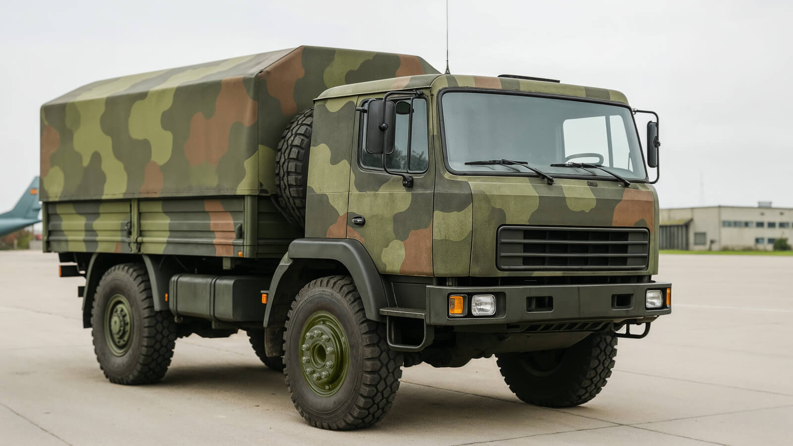 Auf dem Bild ist ein militärisch getarnter Lastwagen zu sehen.