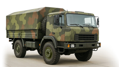 Auf dem Bild ist ein militärischer Lkw mit Tarnmuster zu sehen.
