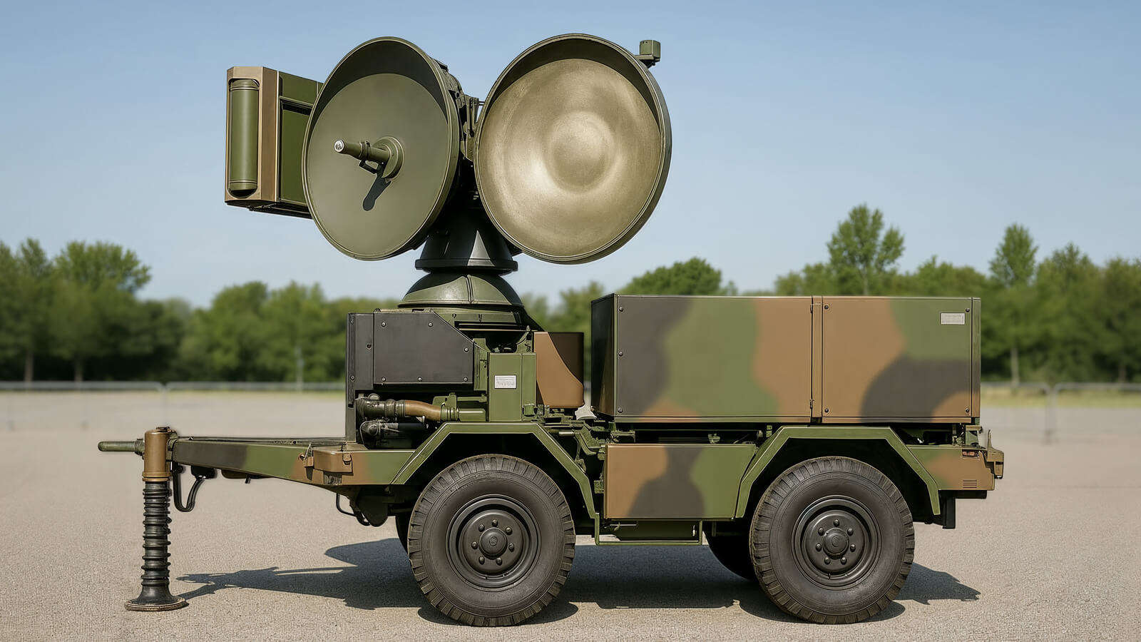Das Bild zeigt ein militärisches Fahrzeug mit einer radargestützten Antenne.