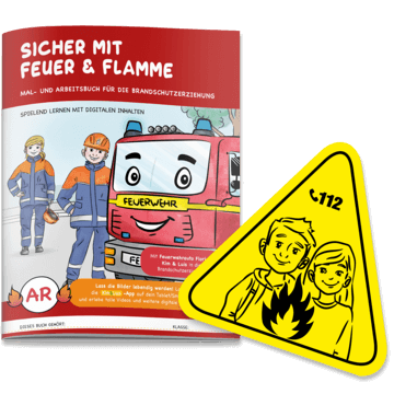 Das Bild zeigt ein Mal- und Arbeitsbuch zur Brandschutzerziehung für Kinder mit digitalen Inhalten und einem Hinweiszeichen für den Notruf 112.