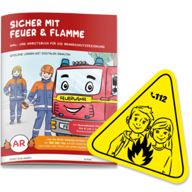 Das Bild zeigt ein Mal- und Arbeitsbuch zur Brandschutzerziehung für Kinder mit digitalen Inhalten und einem Hinweiszeichen für den Notruf 112.