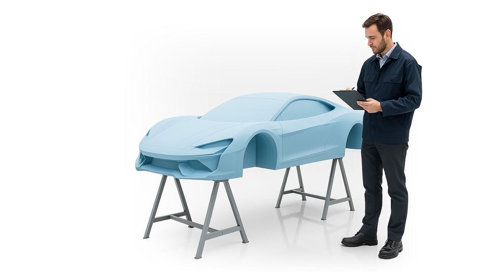 Auf dem Bild ist ein Modell eines Autos in blauer Farbe zu sehen, neben dem ein Mann steht und auf einem Tablet Notizen macht.