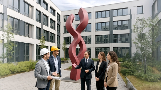 Auf dem Bild sind mehrere Personen in einem Innenhof eines modernen Gebäudes zu sehen, die sich in der Nähe einer roten Skulptur unterhalten.