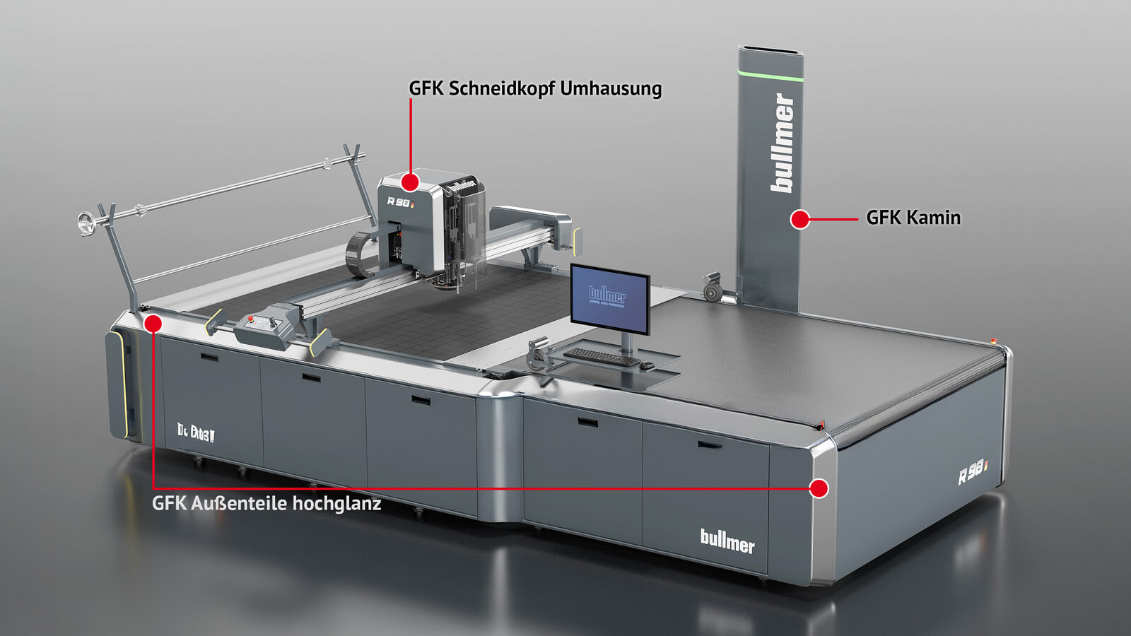 Das Bild zeigt eine moderne Schneidemaschine der Marke Bullmer, die für präzises Schneiden von Textilien genutzt wird.