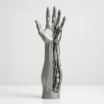 Auf dem Bild ist eine Kombination aus einer menschlichen Hand und einer mechanischen Struktur zu sehen, die eine futuristische Prothese darstellt.