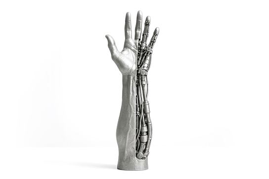 Auf dem Bild ist eine Kombination aus einer menschlichen Hand und einer mechanischen Struktur zu sehen, die eine futuristische Prothese darstellt.