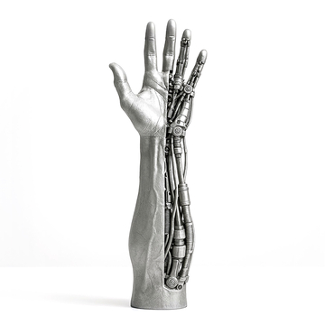 Auf dem Bild ist eine Kombination aus einer menschlichen Hand und einer mechanischen Struktur zu sehen, die eine futuristische Prothese darstellt.