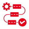 Das Bild zeigt ein schematisches Diagramm, das einen Prozessablauf mit einem Zahnrad, mehreren Schritten und einem Häkchen zur Bestätigung darstellt.