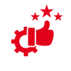 Das Bild zeigt einen Daumen hoch zusammen mit Zahnrädern und Sternen, was auf positive Rückmeldungen oder Qualität hinweist.