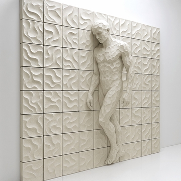 Auf dem Bild ist eine Skulptur eines menschlichen Körpers zu sehen, der in eine wandartige Struktur integriert ist.