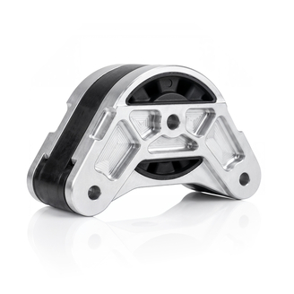 Das Bild zeigt ein mechanisches Bauteil, vermutlich eine Halterung oder einen Dämpfer aus Aluminium und Gummi.