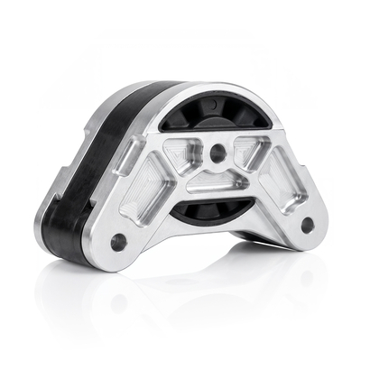 Das Bild zeigt ein mechanisches Bauteil, vermutlich eine Halterung oder einen Dämpfer aus Aluminium und Gummi.