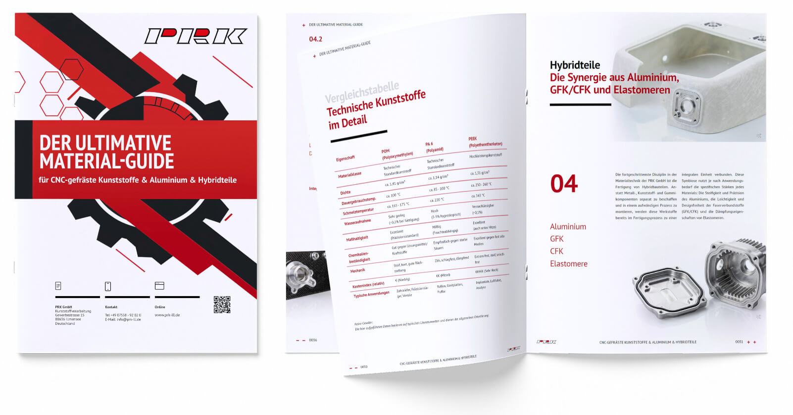 Das Bild zeigt einen Materialguide, der Informationen zu CNC-gefrästen Kunststoffen, Aluminium und Hybridteilen bietet, einschließlich technischer Details und Vergleichstabellen.