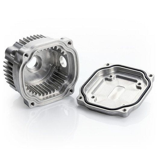 Auf dem Bild sind zwei Metallteile zu sehen, die vermutlich Teile eines Motors sind, darunter ein Gehäuse mit Kühlrippen und eine Abdeckung.